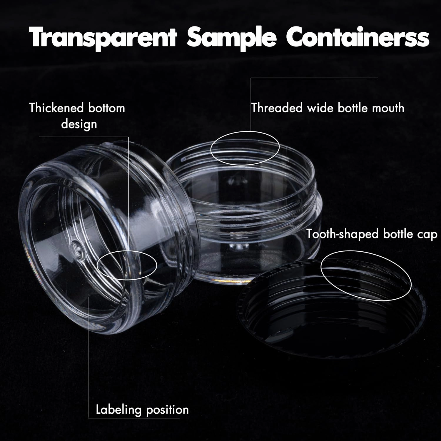 10 Gram 100 Count Sample Containers, Small Plastic Containers with Lids, Empty Sample Jars with Labels and Mini Disposable Spatulas(Black Lid)