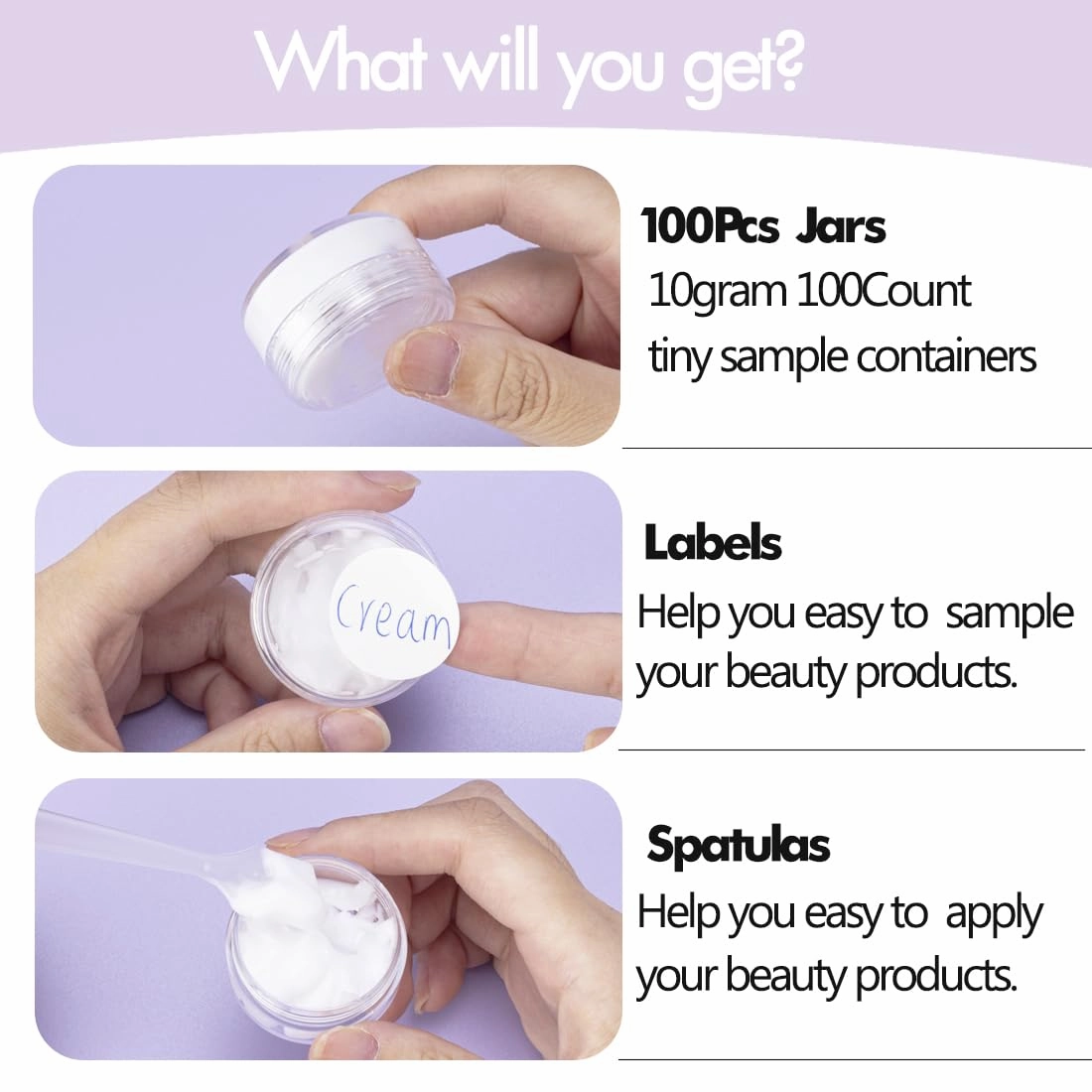 10 Gram 100 Count Sample Containers, Small Plastic Containers with Lids, Empty Sample Jars with Labels and Mini Disposable Spatulas(Black Lid)