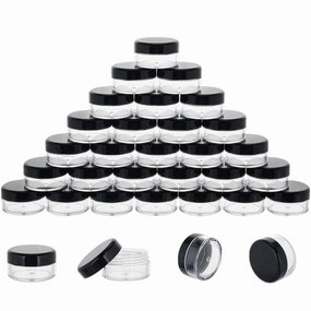 10 Gram 100 Count Sample Containers, Small Plastic Containers with Lids, Empty Sample Jars with Labels and Mini Disposable Spatulas(Black Lid)