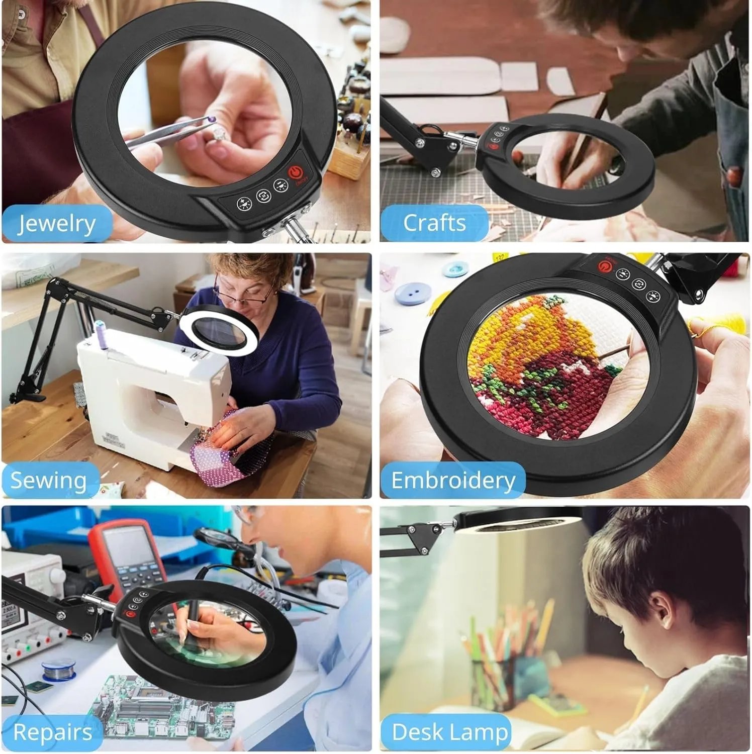 10X Magnifying Glass with Light and Clamp, Real Glass Stand Lighted Magnifier, 5 Color Modes Stepless Dimmable LED Desk Lamp Hands Free for Crafts Hobby Reading Painting Sewing Close Work