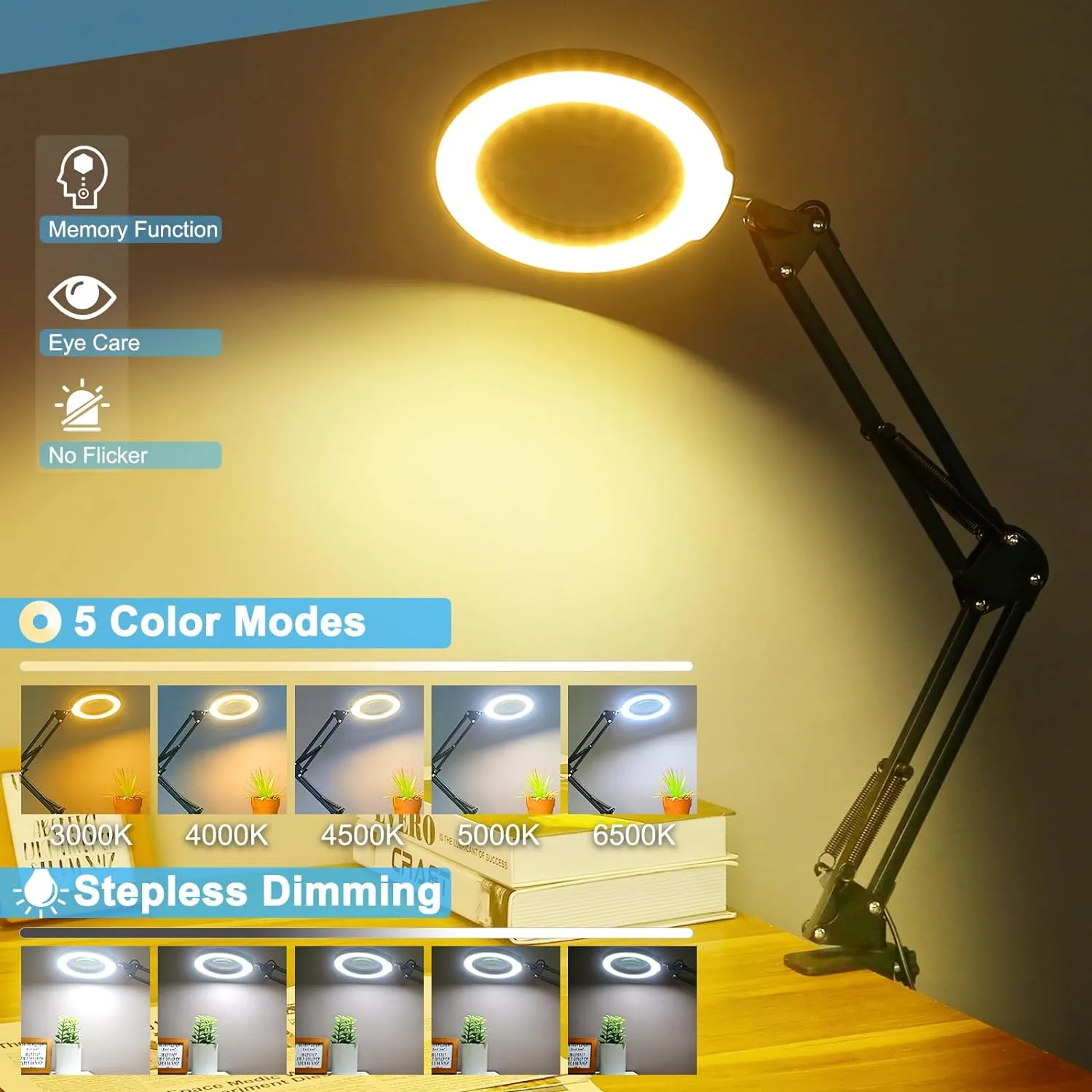10X Magnifying Glass with Light and Clamp, Real Glass Stand Lighted Magnifier, 5 Color Modes Stepless Dimmable LED Desk Lamp Hands Free for Crafts Hobby Reading Painting Sewing Close Work