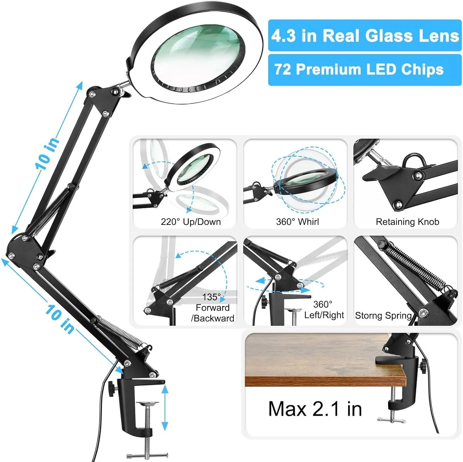 10X Magnifying Glass with Light and Clamp, Real Glass Stand Lighted Magnifier, 5 Color Modes Stepless Dimmable LED Desk Lamp Hands Free for Crafts Hobby Reading Painting Sewing Close Work
