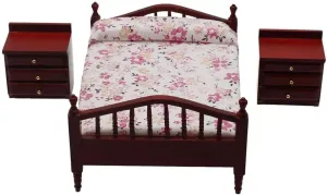 1:12 Dollhouse Mini Furniture Bed, Nightstand, Double Bed and Bedside Table Set