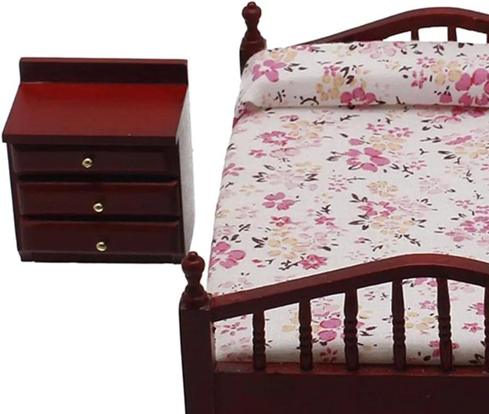 1:12 Dollhouse Mini Furniture Bed, Nightstand, Double Bed and Bedside Table Set