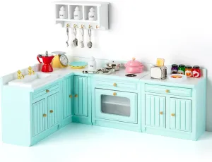 1:12 Dollhouses Kitchen Furniture Set, 30pcs Wooden Miniature Side Cabinet Set, Wall Cabinet,Kitchenware, Dining Accessories for Mini Dollhouse Kitchen