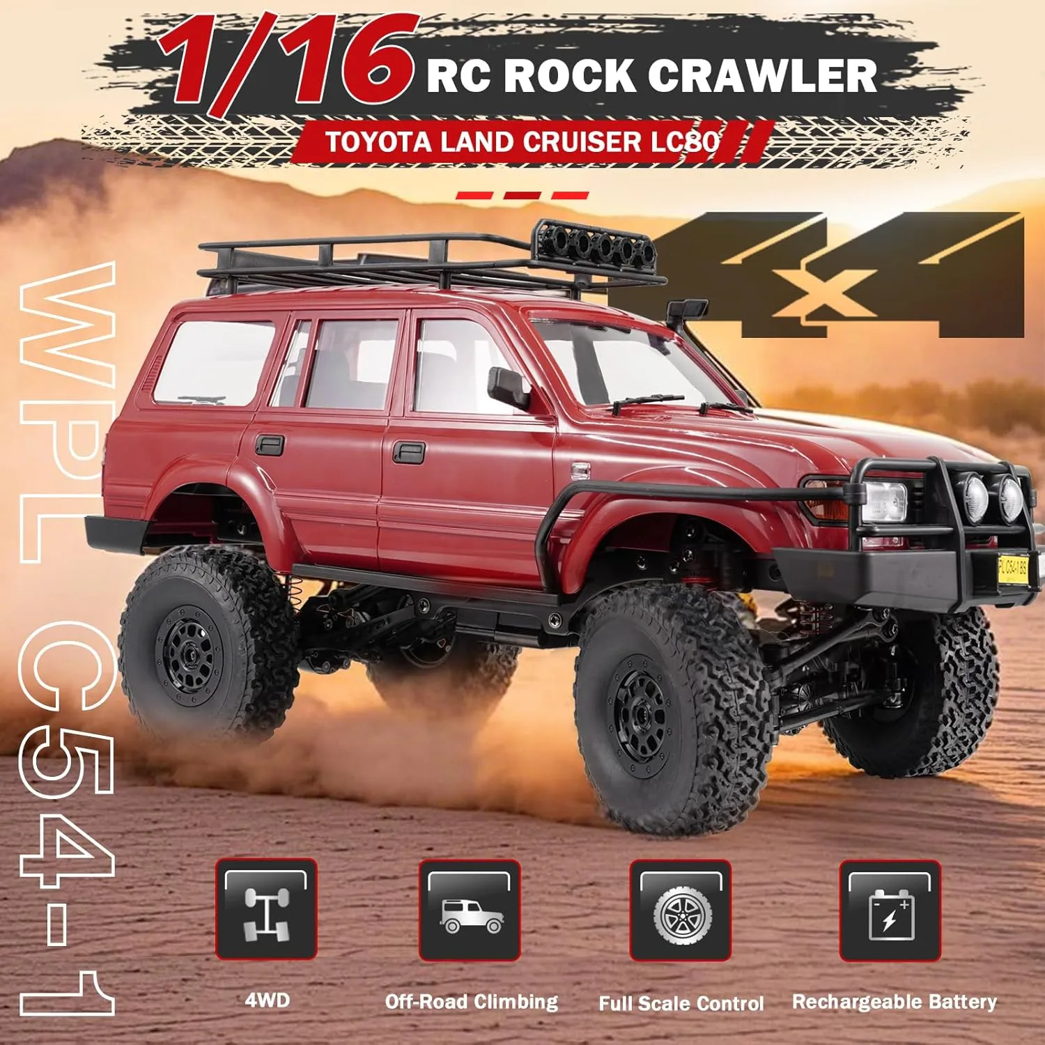 1/16 LC80 RC Crawler, WPL C54-1 RC Rock Crawler 4x4 4WD Off Road RC Truck, 2.4Ghz RTF Remote Control Car with Upgraded Chassis and Proportional Steering for Adults Hobby Vehicle Toy