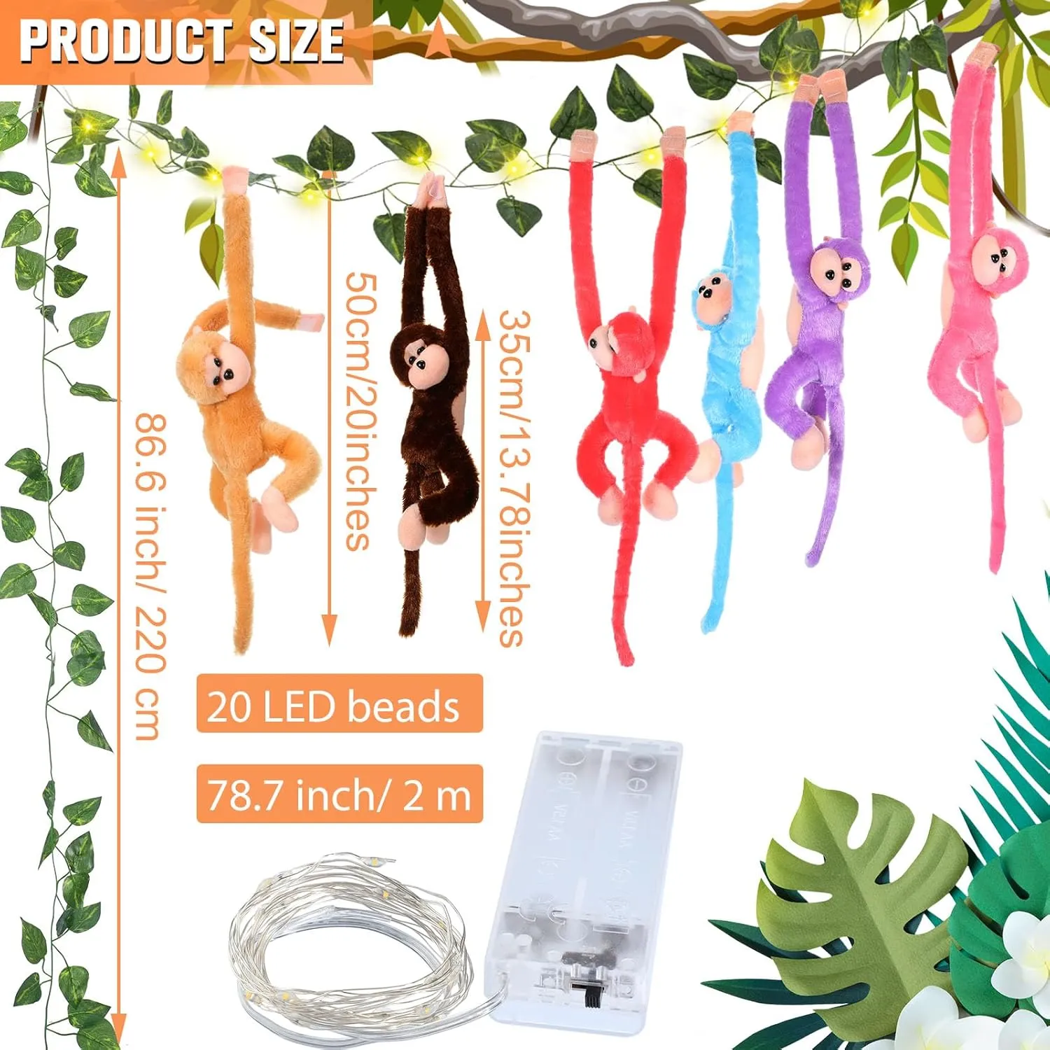 12 Pcs 20 Inch Hanging Monkey Stuffed Animal Stuffed Monkey Plush with 2 Hanging Artificial Ivy Vines 2 Pcs 20 LED Fairy Light Battery Operated String Light for Gifts(Multicolor)