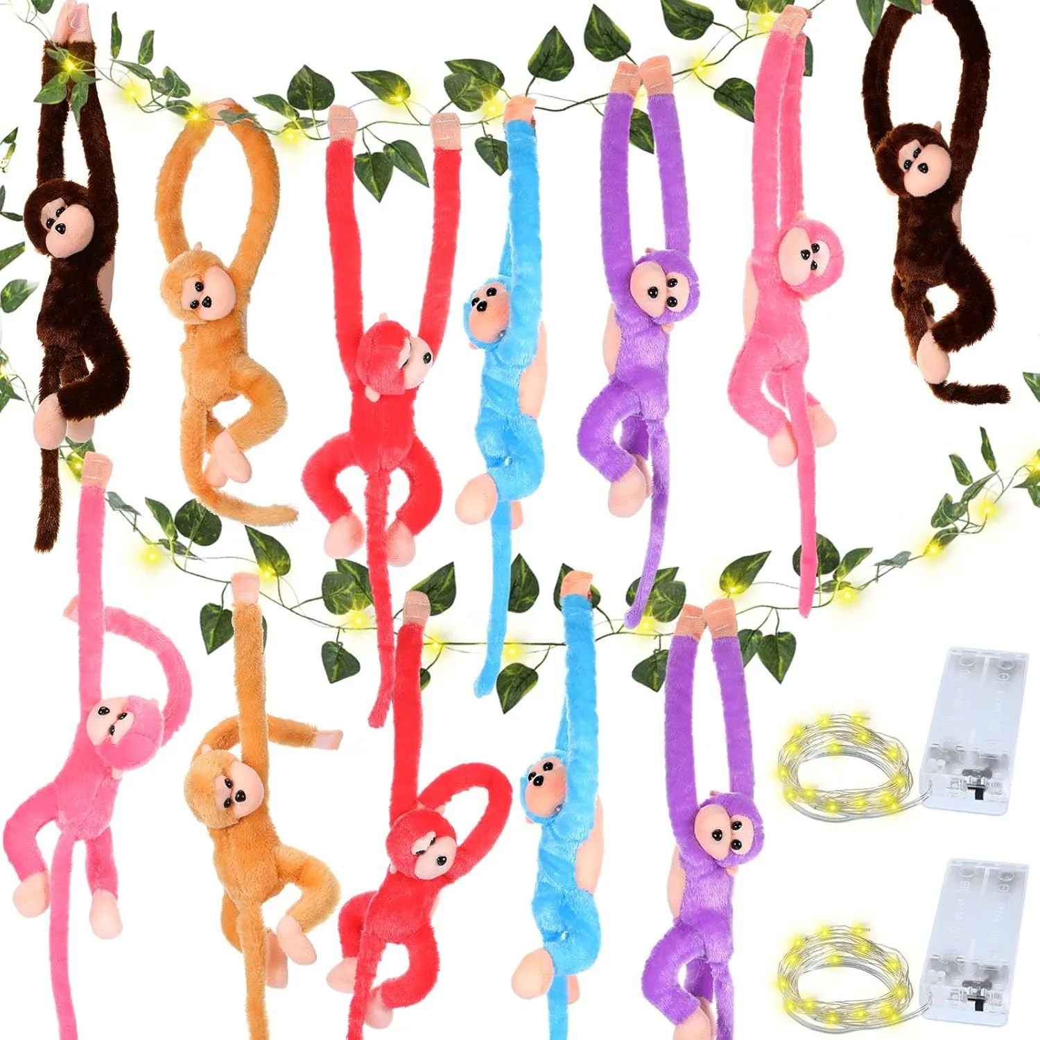 12 Pcs 20 Inch Hanging Monkey Stuffed Animal Stuffed Monkey Plush with 2 Hanging Artificial Ivy Vines 2 Pcs 20 LED Fairy Light Battery Operated String Light for Gifts(Multicolor)