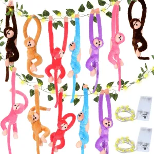 12 Pcs 20 Inch Hanging Monkey Stuffed Animal Stuffed Monkey Plush with 2 Hanging Artificial Ivy Vines 2 Pcs 20 LED Fairy Light Battery Operated String Light for Gifts(Multicolor)