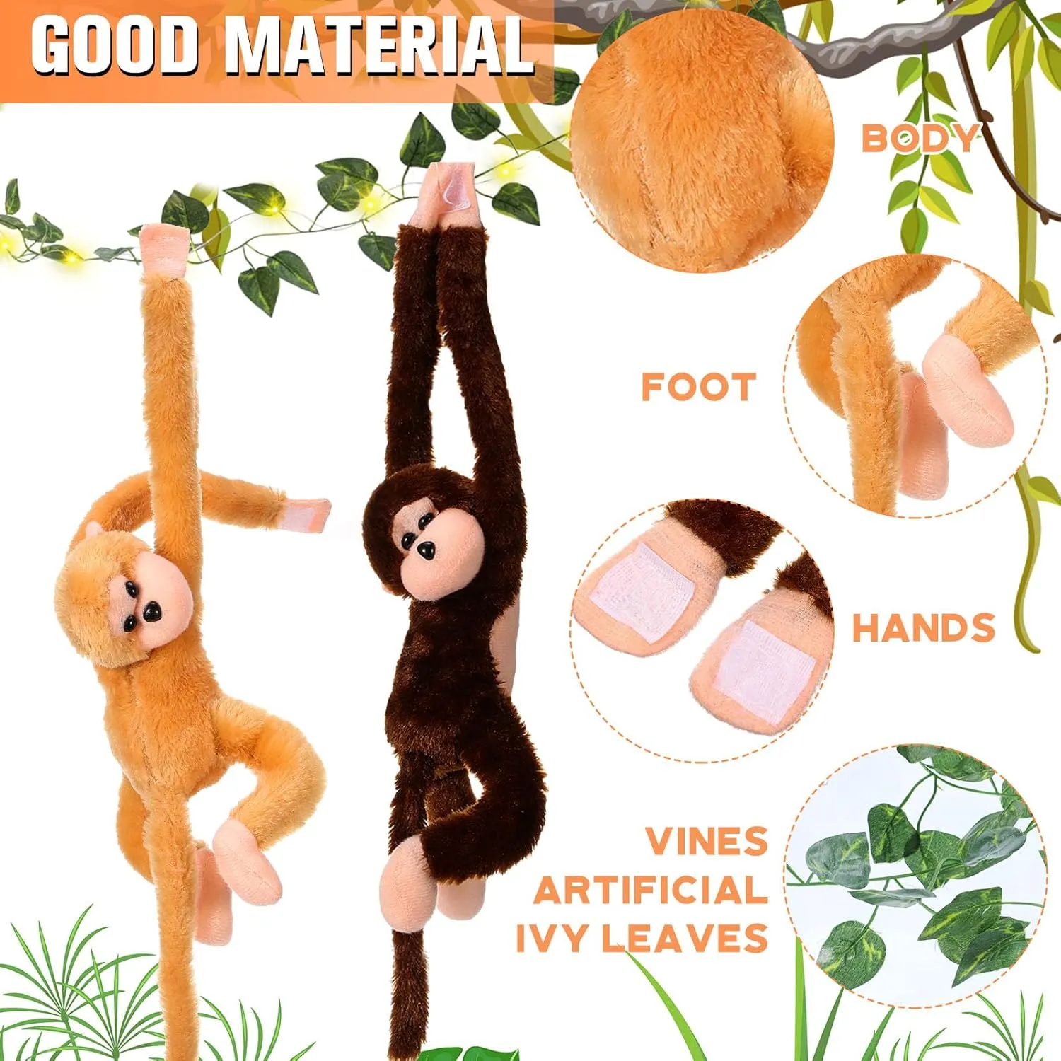 12 Pcs 20 Inch Hanging Monkey Stuffed Animal Stuffed Monkey Plush with 2 Hanging Artificial Ivy Vines 2 Pcs 20 LED Fairy Light Battery Operated String Light for Gifts(Multicolor)