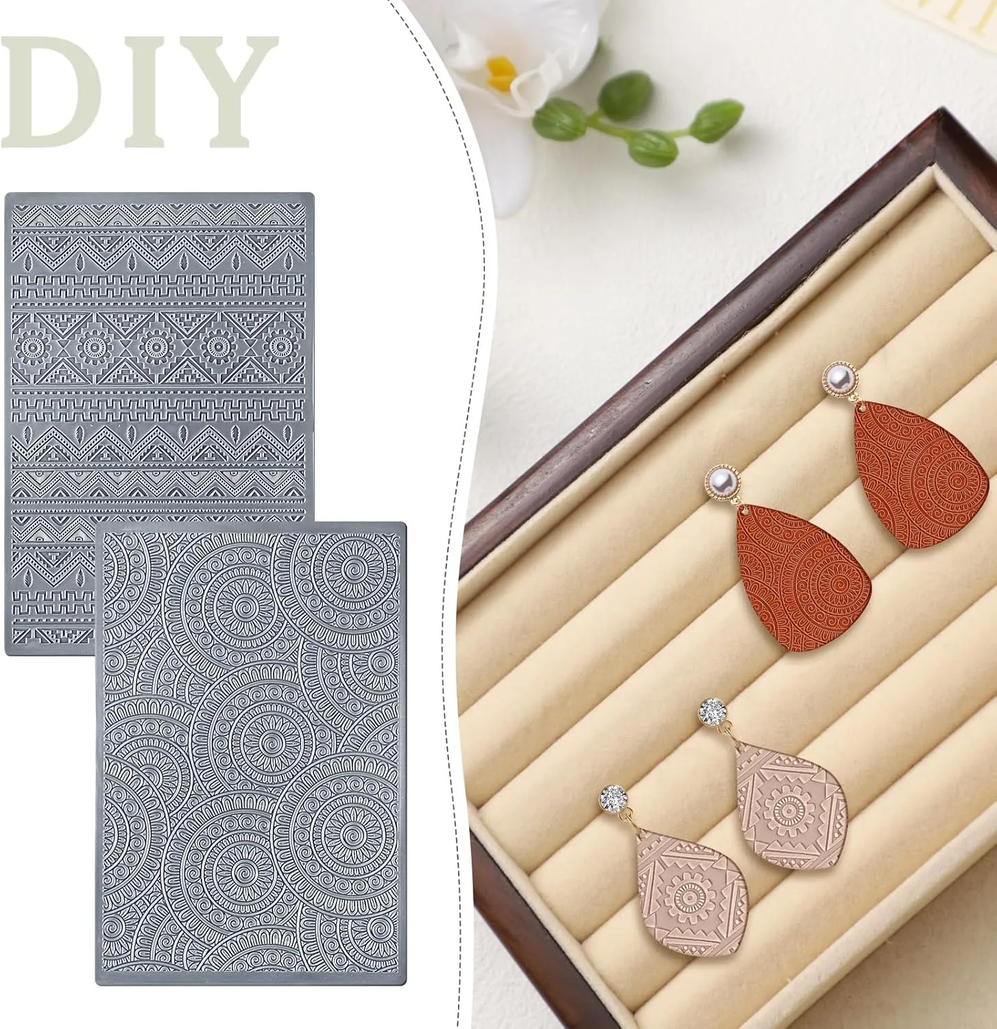 12 Pcs Polymer Clay Texture Sheets Mat Works with Polymer Clay Cutter Embossin Roller DIY Tools for Pottery Earrings Jewelry Making DIY Craft Supply