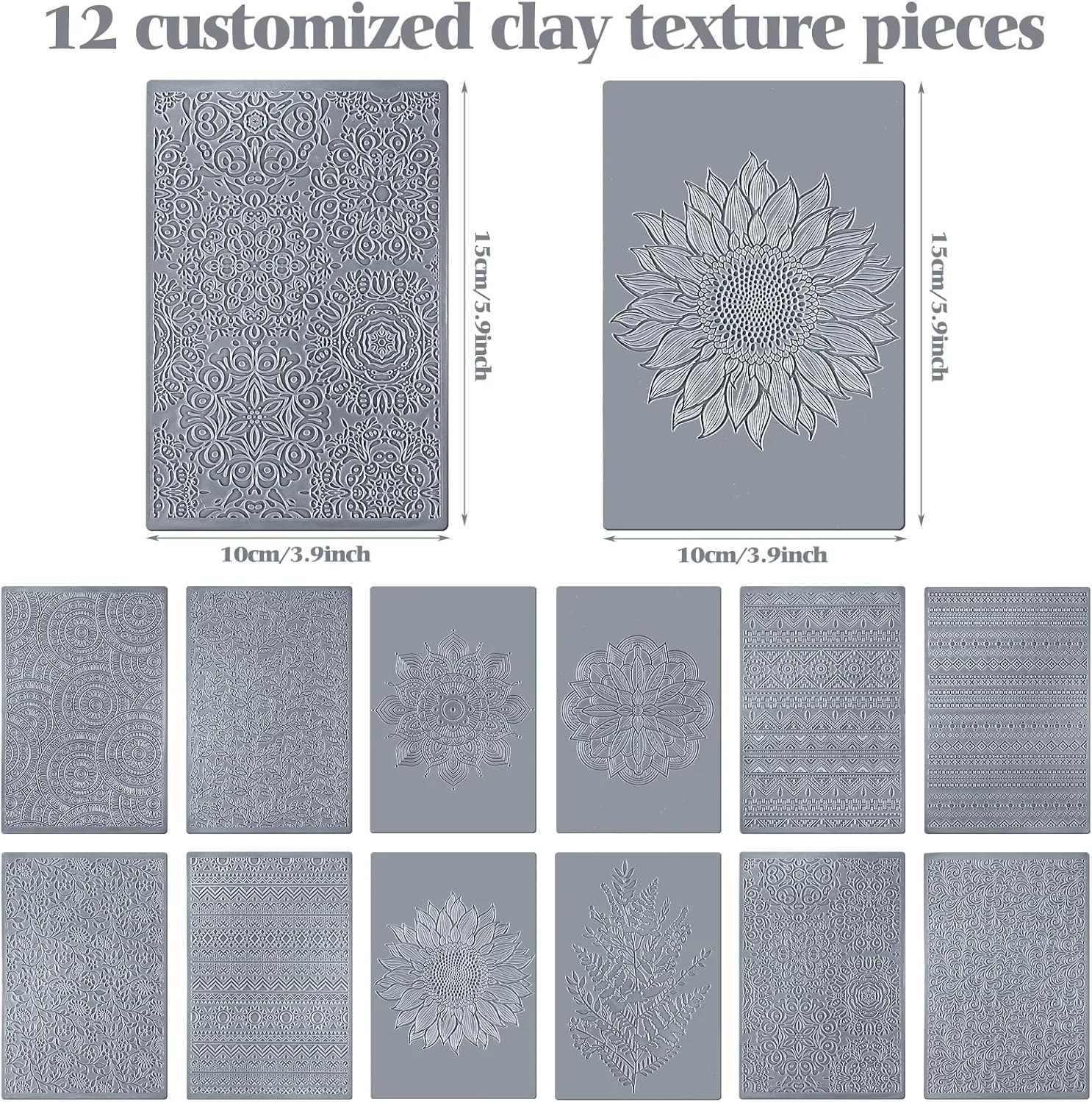 12 Pcs Polymer Clay Texture Sheets Mat Works with Polymer Clay Cutter Embossin Roller DIY Tools for Pottery Earrings Jewelry Making DIY Craft Supply