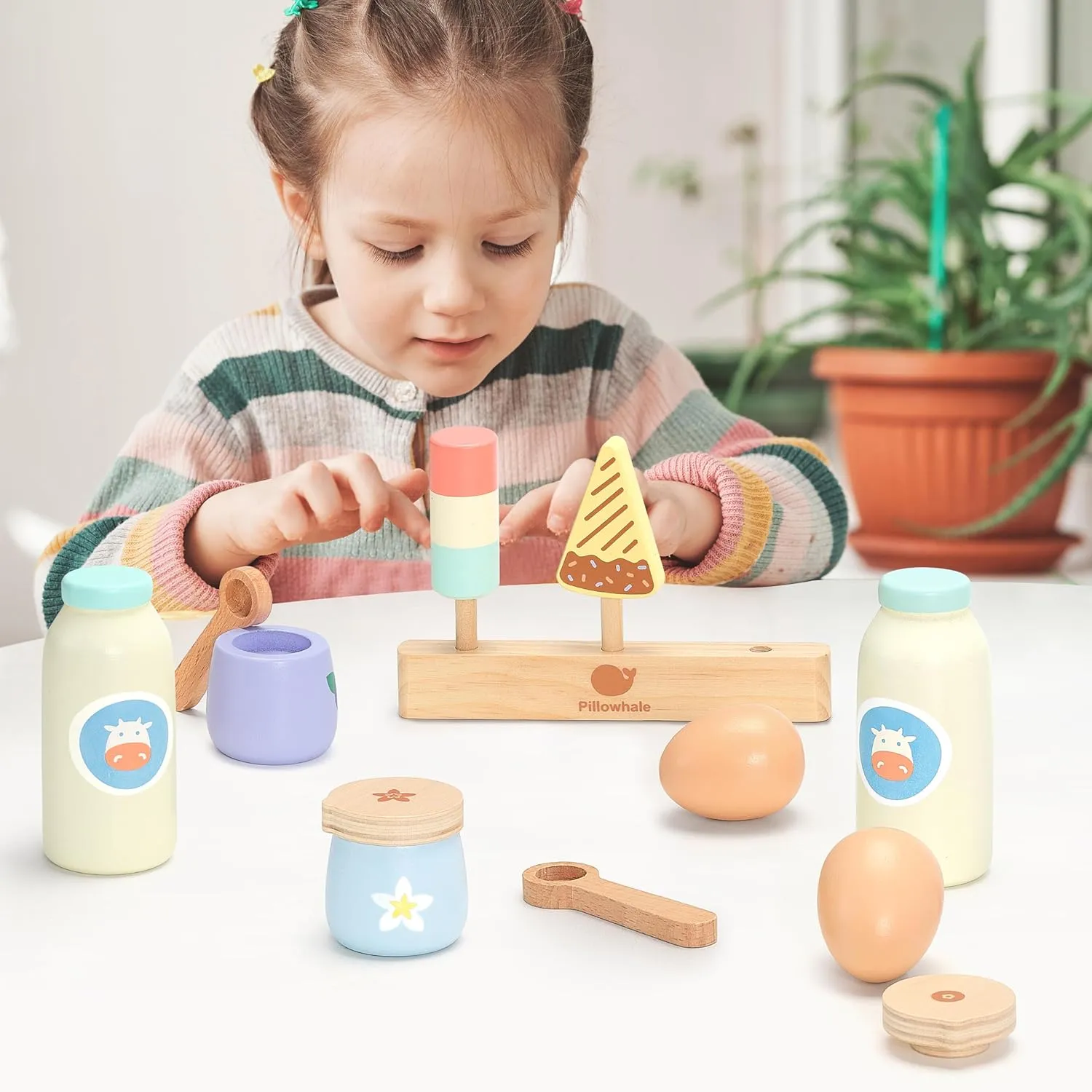 12-Piece Wooden Dairy & Ice Cream Play Food Set – Pretend Fridge Food Accessories w/ Milk Bottles Yogurt Cups Eggs Pastel Popsicles & Holder – Montessori Kitchen Toy for Kids Ages 3 