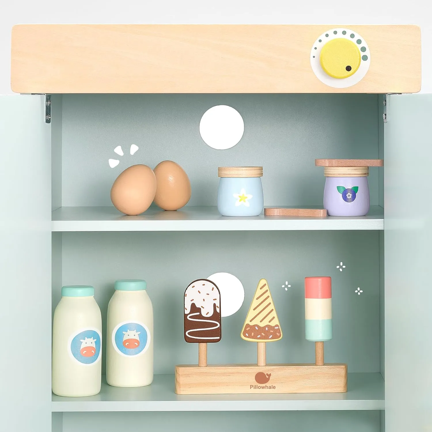 12-Piece Wooden Dairy & Ice Cream Play Food Set – Pretend Fridge Food Accessories w/ Milk Bottles Yogurt Cups Eggs Pastel Popsicles & Holder – Montessori Kitchen Toy for Kids Ages 3 