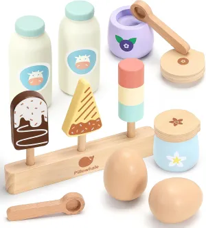 12-Piece Wooden Dairy & Ice Cream Play Food Set – Pretend Fridge Food Accessories w/ Milk Bottles Yogurt Cups Eggs Pastel Popsicles & Holder – Montessori Kitchen Toy for Kids Ages 3 