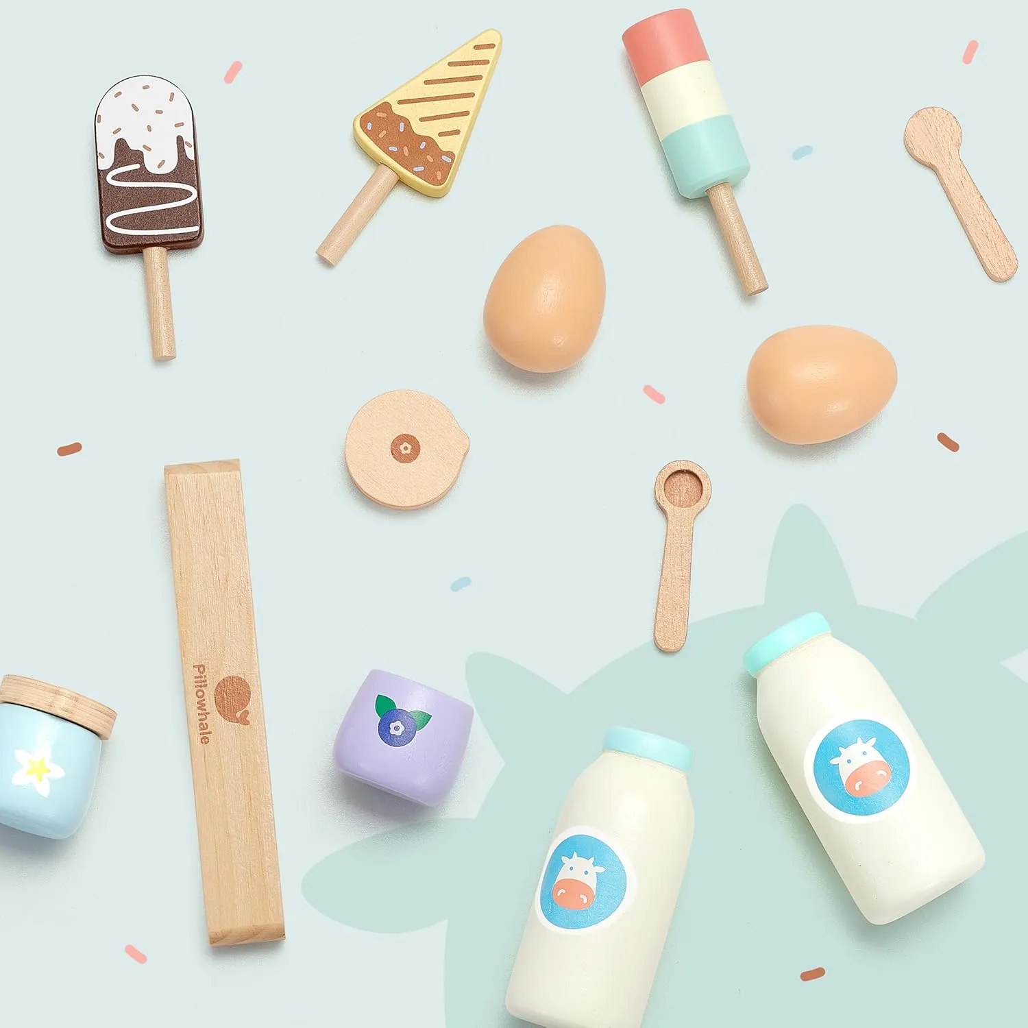 12-Piece Wooden Dairy & Ice Cream Play Food Set – Pretend Fridge Food Accessories w/ Milk Bottles Yogurt Cups Eggs Pastel Popsicles & Holder – Montessori Kitchen Toy for Kids Ages 3 