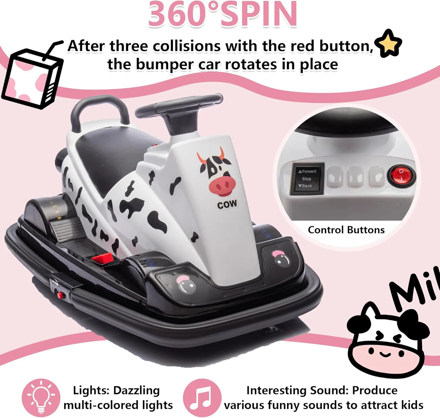 12V Kids Bumper Car, Ride On Toys for Toddlers, Motor Bumper Electric Car for Kids with Horn, Music, Four-Wheel LED Waterfall Lights, Stickers, Capable of 360 Degree Rotation, White