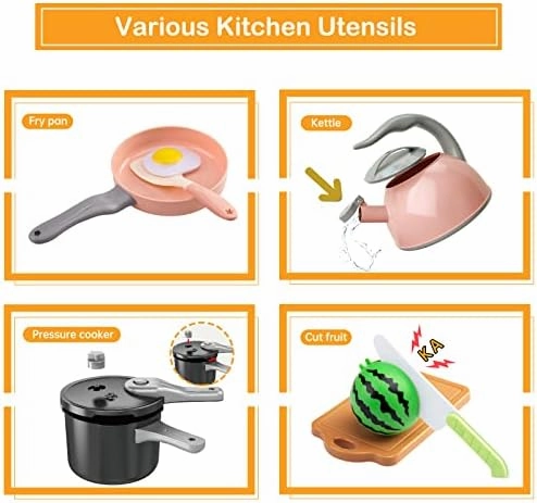 130Pcs Kitchen Playset, Toddler Pretend Cooking Play Pots, Pans, Utensils Cookware, Daily Food Fruit Veges, Shopping Storage Basket, Dessert, Prop Money, Learning Gift for Child (Pink)