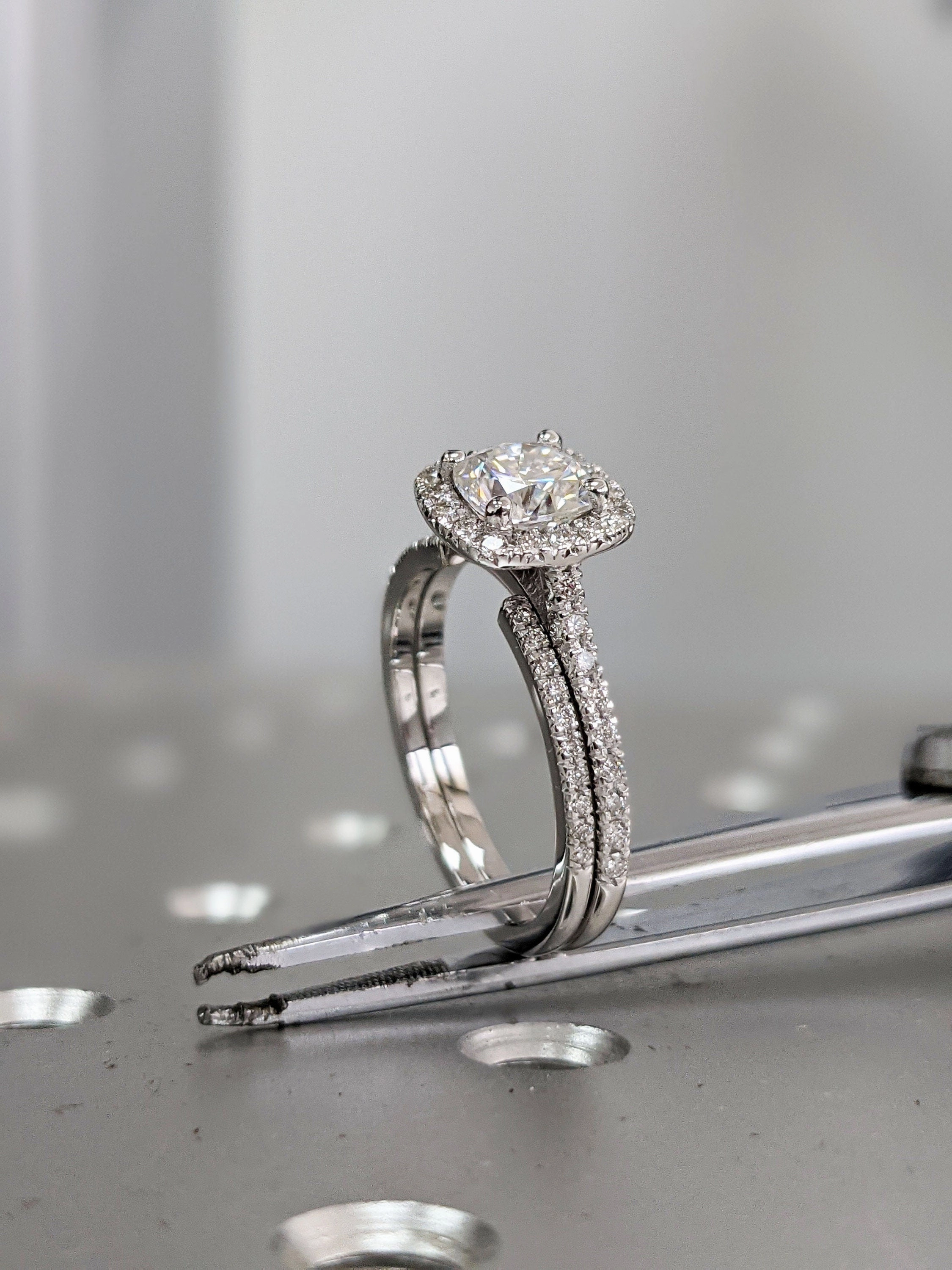 1 ct. Cathedral Colorless Moissanite Ring/ Cushion Cut Moissanite Engagement Ring/ Half Eternity Wedding Promise Ring/ Moissanite Halo Ring