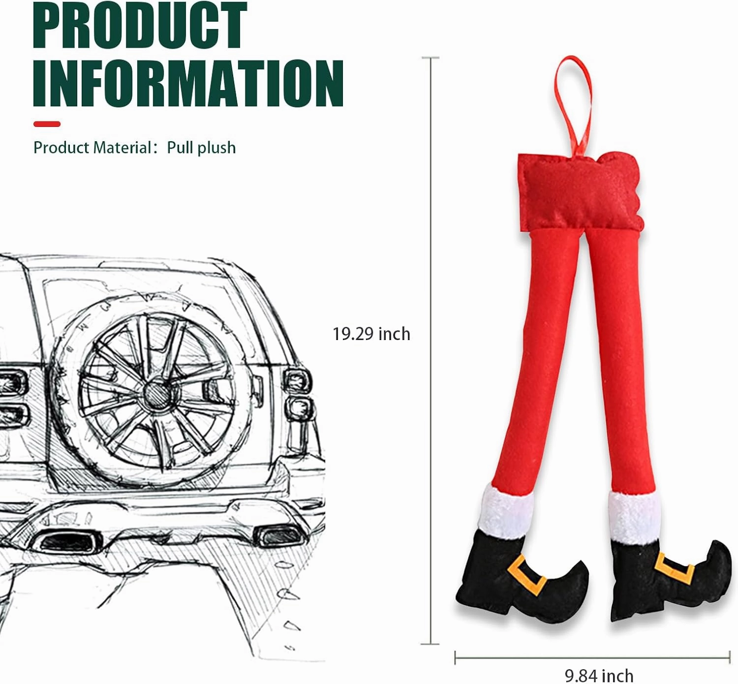 1 PC Car Trunk Christmas Decoration Accessories, Christmas Plush Decorative Leg Pendant, 19.29" x 9.84" Clip-on Trunk Hanging Decoration, Universal for Most Cars (Red)