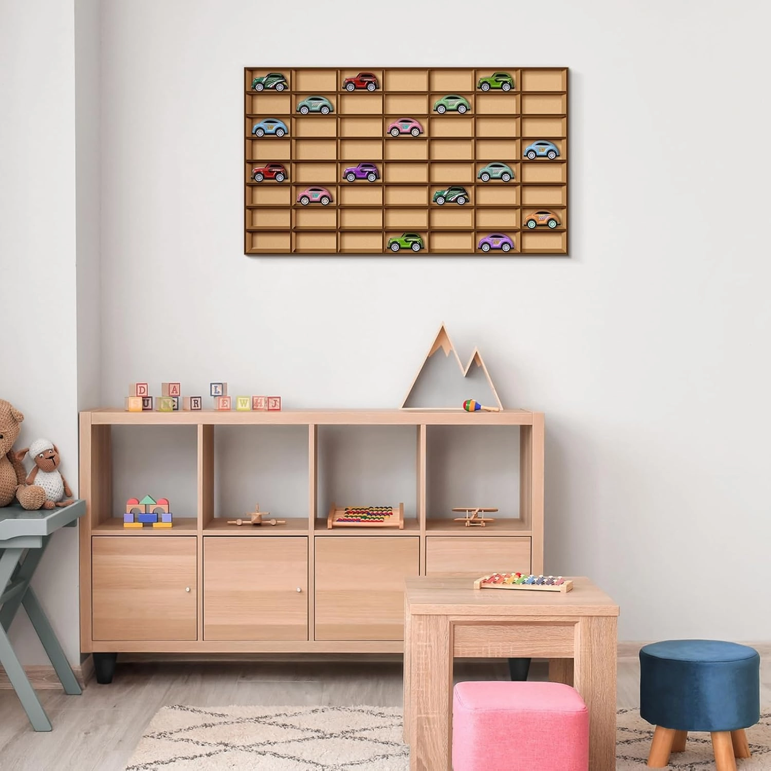 1 Pcs 56 Space Toy Car Display Case Wooden Wheels Shelf Wall Mounted Toy Car Storage Car Display Shelf Birthday Gift for Cars, Collectibles, Toy Figurines, Tiny Dolls, Shot Glasses