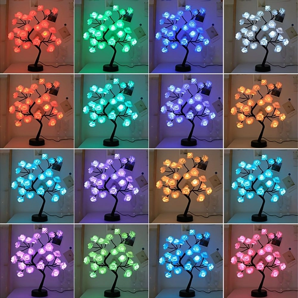 1pc, 24 LED RGB 16 Colors Rose Tree Night Light Battery And USB Plug Operated Rose Flower Fairy Lights Remote Control Mini Christmas Tree Table Lamp For Gift Indoor