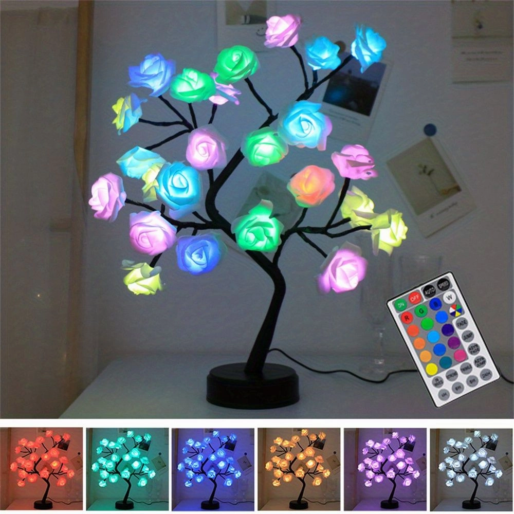 1pc, 24 LED RGB 16 Colors Rose Tree Night Light Battery And USB Plug Operated Rose Flower Fairy Lights Remote Control Mini Christmas Tree Table Lamp For Gift Indoor