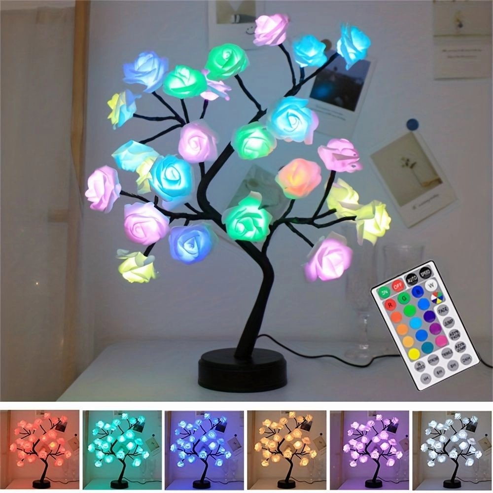 1pc, 24 LED RGB 16 Colors Rose Tree Night Light Battery And USB Plug Operated Rose Flower Fairy Lights Remote Control Mini Christmas Tree Table Lamp For Gift Indoor