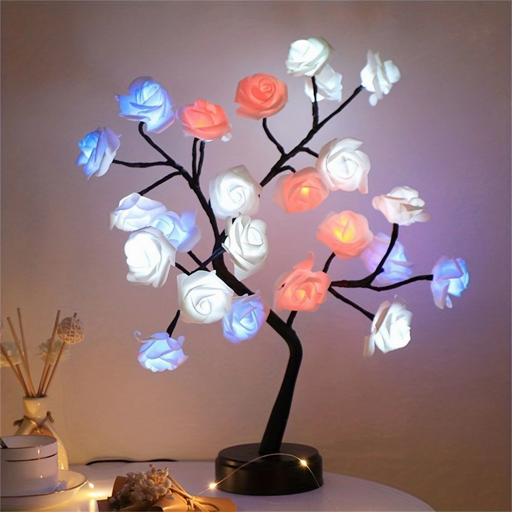 1pc, 24 LED RGB 16 Colors Rose Tree Night Light Battery And USB Plug Operated Rose Flower Fairy Lights Remote Control Mini Christmas Tree Table Lamp For Gift Indoor