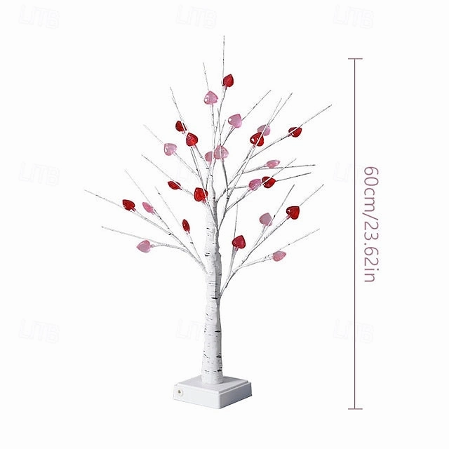 1pc Valentine's Day LED Heart Tabletop Tree Light – 24 LEDs White Birch Fairy Lamp 23.6Inch Height Artificial Tree Lamp, Dimmable White Birch Twinkle Fairy Tree Lamp 3 AA Battery or USB Powered