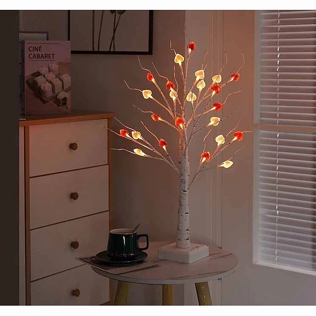 1pc Valentine's Day LED Heart Tabletop Tree Light – 24 LEDs White Birch Fairy Lamp 23.6Inch Height Artificial Tree Lamp, Dimmable White Birch Twinkle Fairy Tree Lamp 3 AA Battery or USB Powered