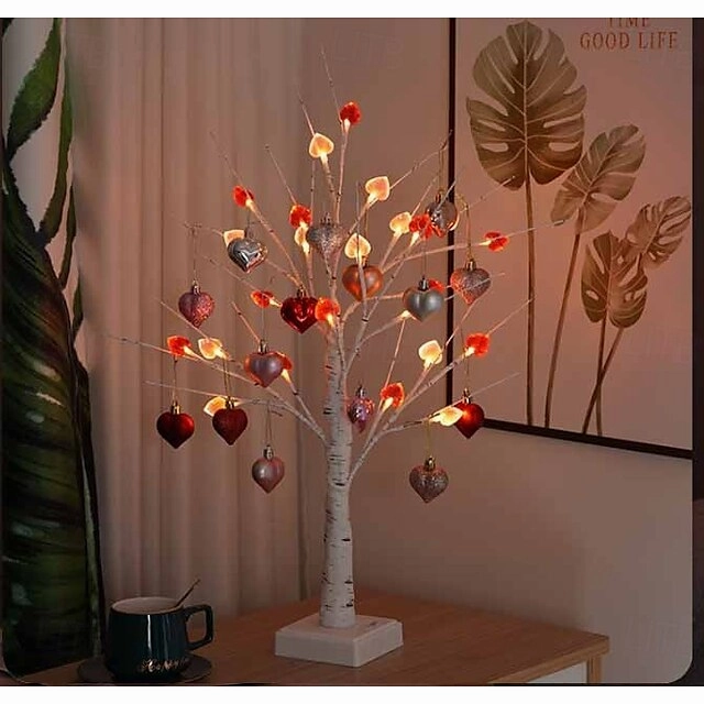 1pc Valentine's Day LED Heart Tabletop Tree Light – 24 LEDs White Birch Fairy Lamp 23.6Inch Height Artificial Tree Lamp, Dimmable White Birch Twinkle Fairy Tree Lamp 3 AA Battery or USB Powered