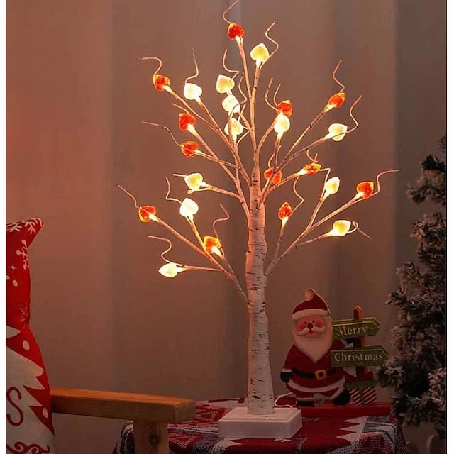 1pc Valentine's Day LED Heart Tabletop Tree Light – 24 LEDs White Birch Fairy Lamp 23.6Inch Height Artificial Tree Lamp, Dimmable White Birch Twinkle Fairy Tree Lamp 3 AA Battery or USB Powered