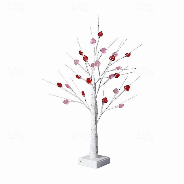 1pc Valentine's Day LED Heart Tabletop Tree Light – 24 LEDs White Birch Fairy Lamp 23.6Inch Height Artificial Tree Lamp, Dimmable White Birch Twinkle Fairy Tree Lamp 3 AA Battery or USB Powered