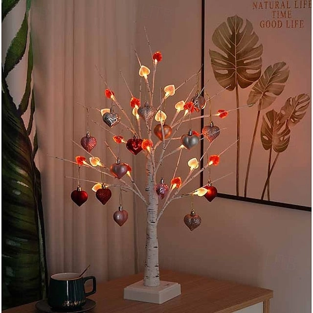 1pc Valentine's Day LED Heart Tabletop Tree Light – 24 LEDs White Birch Fairy Lamp 23.6Inch Height Artificial Tree Lamp, Dimmable White Birch Twinkle Fairy Tree Lamp 3 AA Battery or USB Powered