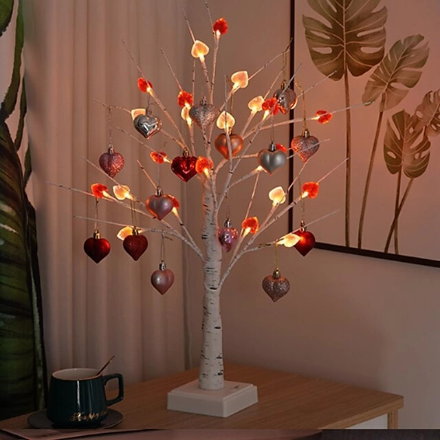 1pc Valentine's Day LED Heart Tabletop Tree Light – 24 LEDs White Birch Fairy Lamp 23.6Inch Height Artificial Tree Lamp, Dimmable White Birch Twinkle Fairy Tree Lamp 3 AA Battery or USB Powered