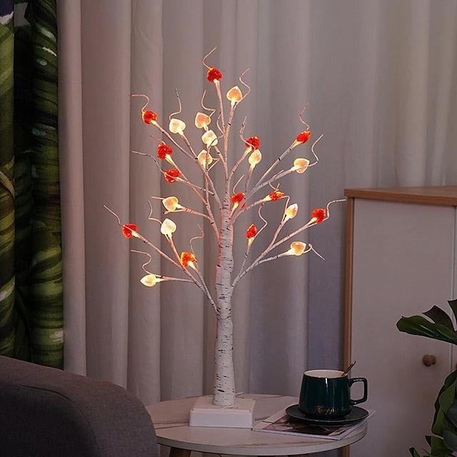 1pc Valentine's Day LED Heart Tabletop Tree Light – 24 LEDs White Birch Fairy Lamp 23.6Inch Height Artificial Tree Lamp, Dimmable White Birch Twinkle Fairy Tree Lamp 3 AA Battery or USB Powered
