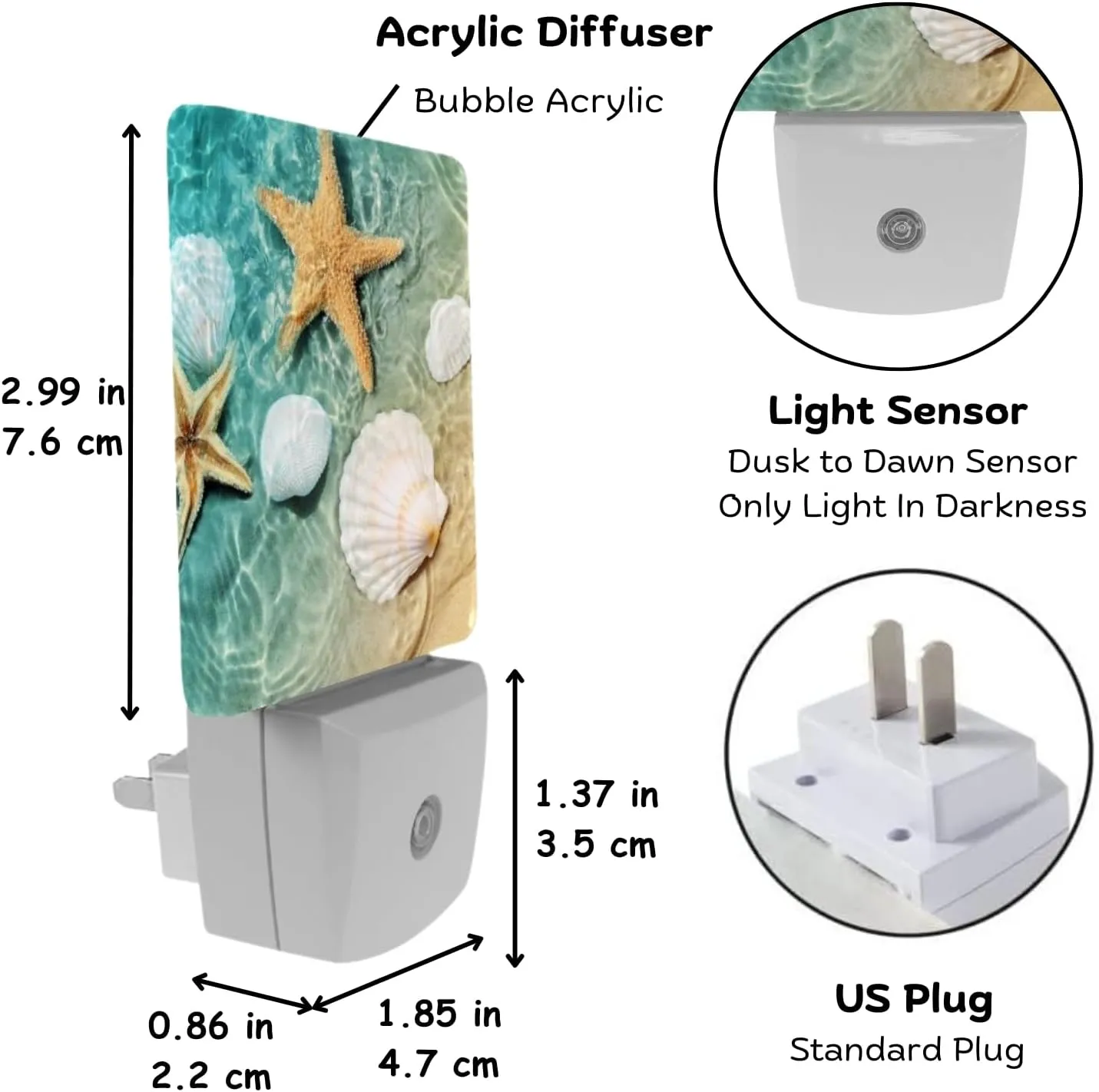 2 Pack Plug-in Night Lights - Automatic Sensor Dusk-to-Dawn LED Warm Sweet Wall Nightlight for Home, Bedroom, Kitchen, Hallway (Ocean Seashell Starfish)