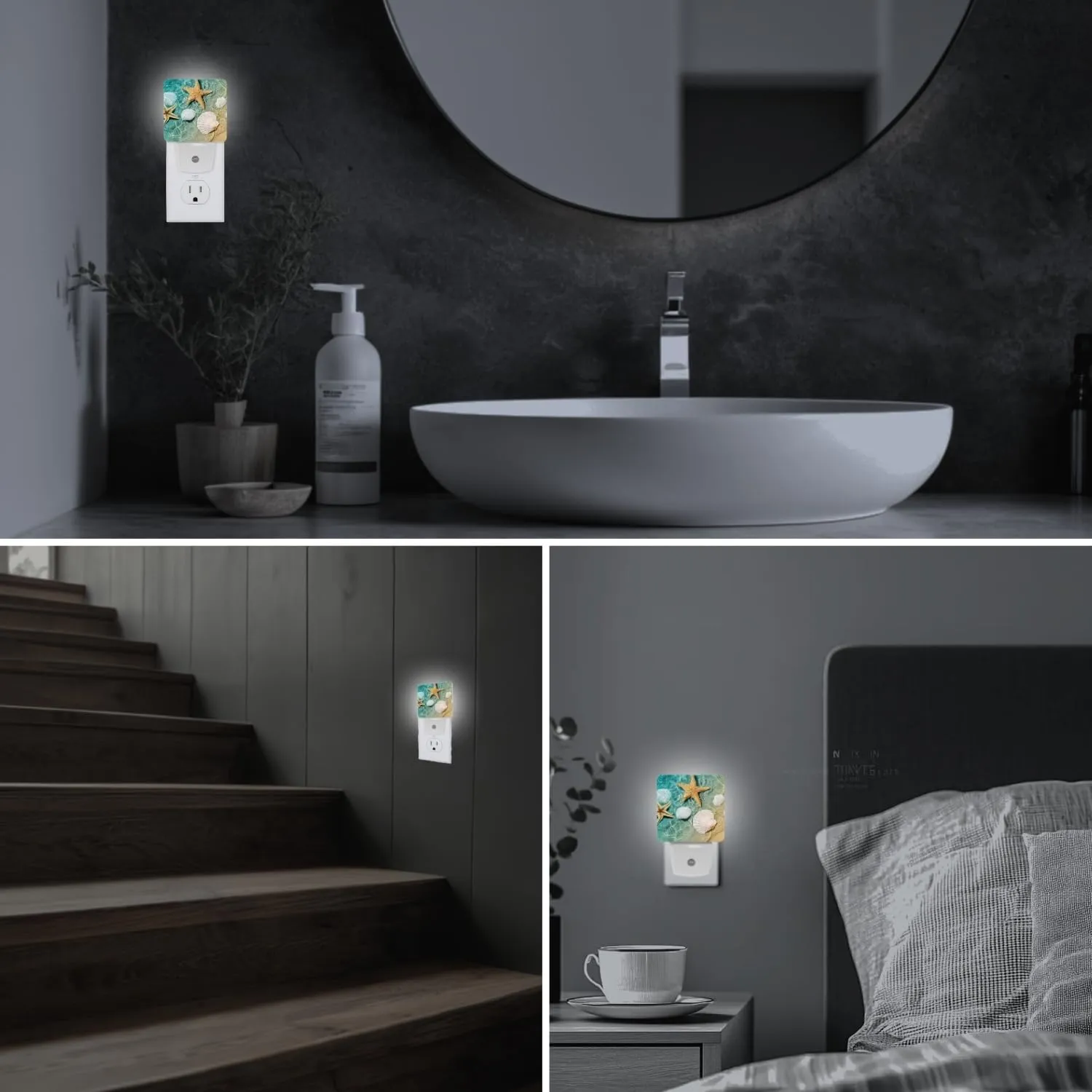 2 Pack Plug-in Night Lights - Automatic Sensor Dusk-to-Dawn LED Warm Sweet Wall Nightlight for Home, Bedroom, Kitchen, Hallway (Ocean Seashell Starfish)