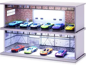 2 Pcs Hot Diecast Wheels Garage Display Case with LED Light and Acrylic Cover 1/64 Scale Diecast Toy Cars Storage Case Holds Max 12 Cars for Model Toy Car Storage Collector