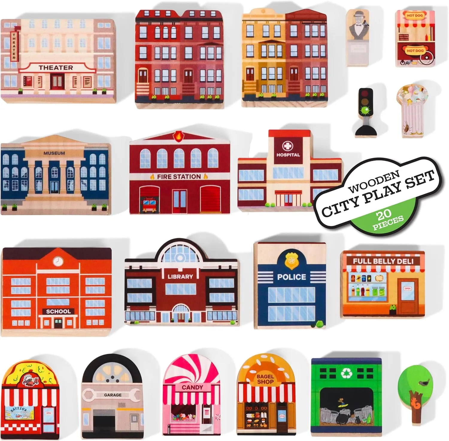 20 Pc Wooden City Play Set - Wooden Town Buildings and Street Signs for Play Mats, Toy Cars and Trains - Educational Preschool Track Accessories - Community Helpers Stacking Blocks Learning Toddler