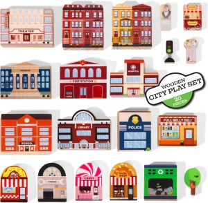 20 Pc Wooden City Play Set - Wooden Town Buildings and Street Signs for Play Mats, Toy Cars and Trains - Educational Preschool Track Accessories - Community Helpers Stacking Blocks Learning Toddler