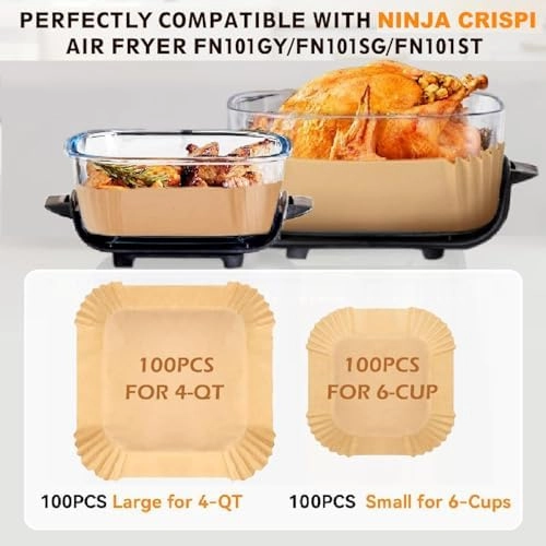 200PCs Air Fryer Paper Liners for Ninja Crispi FN101GY/FN101SG/FN101ST,Non-Stick Square Glass Air Fryer Disposable Accessories, 100pcs Large for 4-QT & 100pcs Small for 6-Cups Container