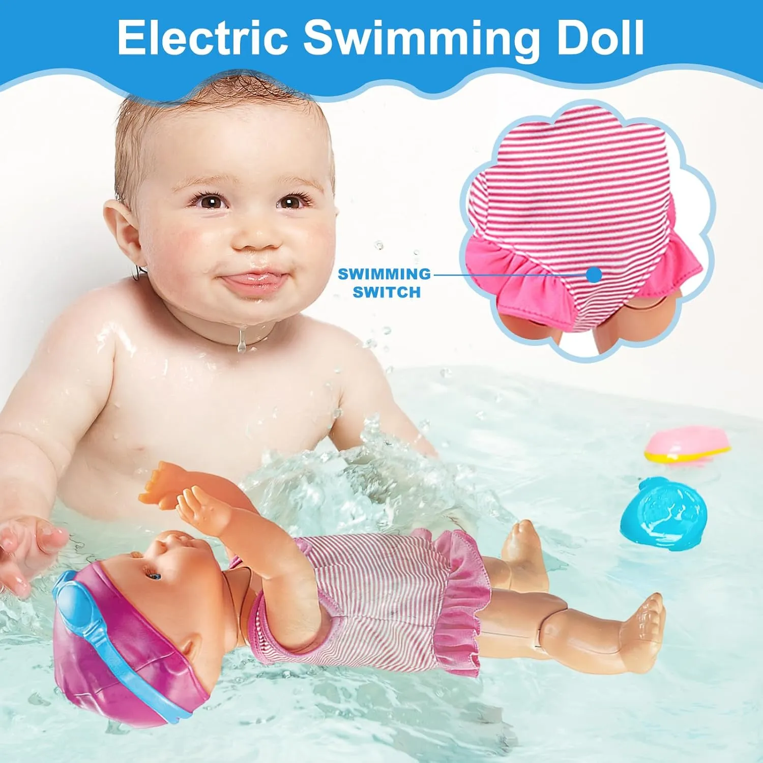 2025 New Packaging Waterproof Swimmer Doll，Backstroke Swimming Electric Water Baby for Pool，for Pools/Bathroom Play (2025 New Upgrade)