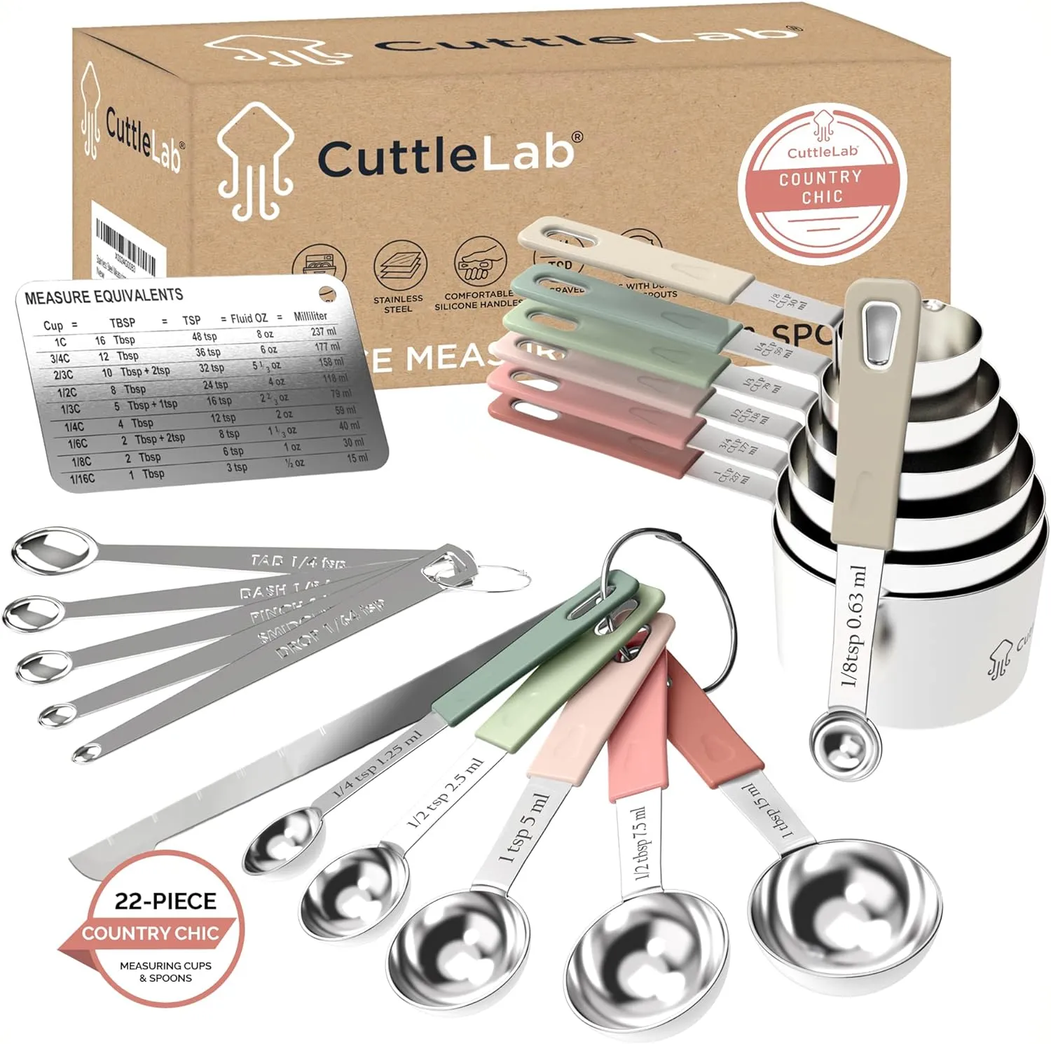 22-Piece Stainless Steel Measuring Cups and Spoons Set, Tad Dash Pinch Smidgen Drop Mini Measuring Spoons, Measuring Stick Leveler, Measurement Conversion Chart Fridge Magnet, (Country Chic)