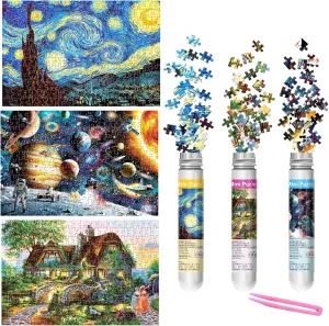 234-Piece Mini Puzzles for Adults & Kids, 6" x 4" Small Puzzles - 3 Pack Starry Night Astronaut Dusk Village Theo Klein Capsule Tube