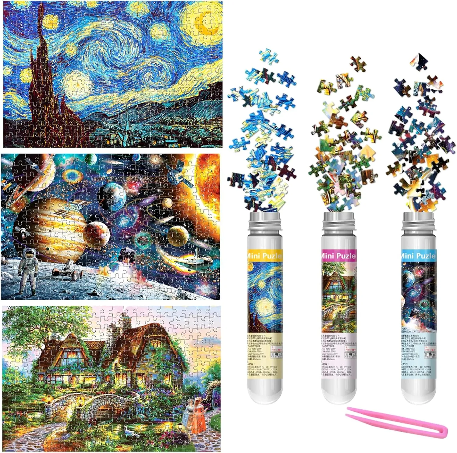 234-Piece Mini Puzzles for Adults & Kids, 6" x 4" Small Puzzles - 3 Pack Starry Night Astronaut Dusk Village Theo Klein Capsule Tube