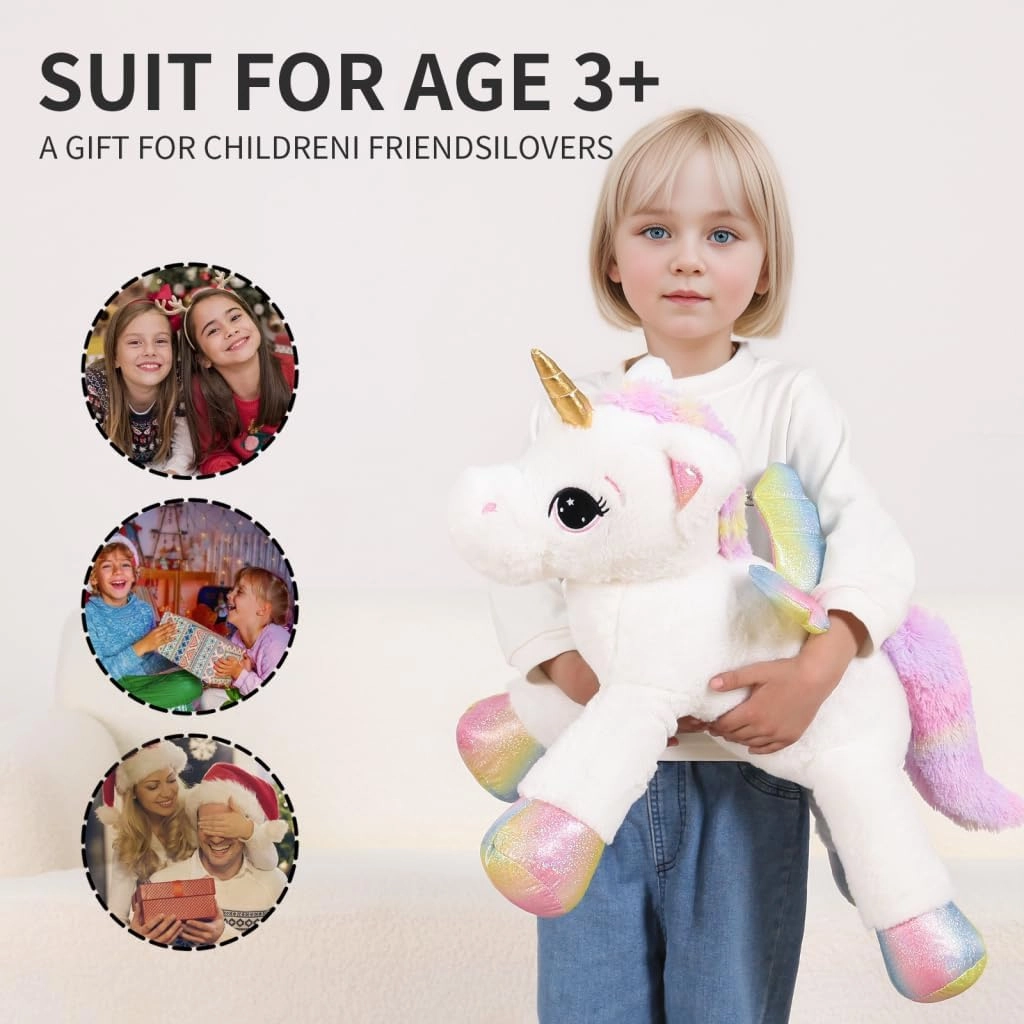 24 Inch Big Unicorn Stuffed Animal Plush Toy Pillow, Cute Soft Giant Unicorn with Rainbow Wings Large Doll, Gift for Children Girls Boys Kids Valentine Birthday Christmas