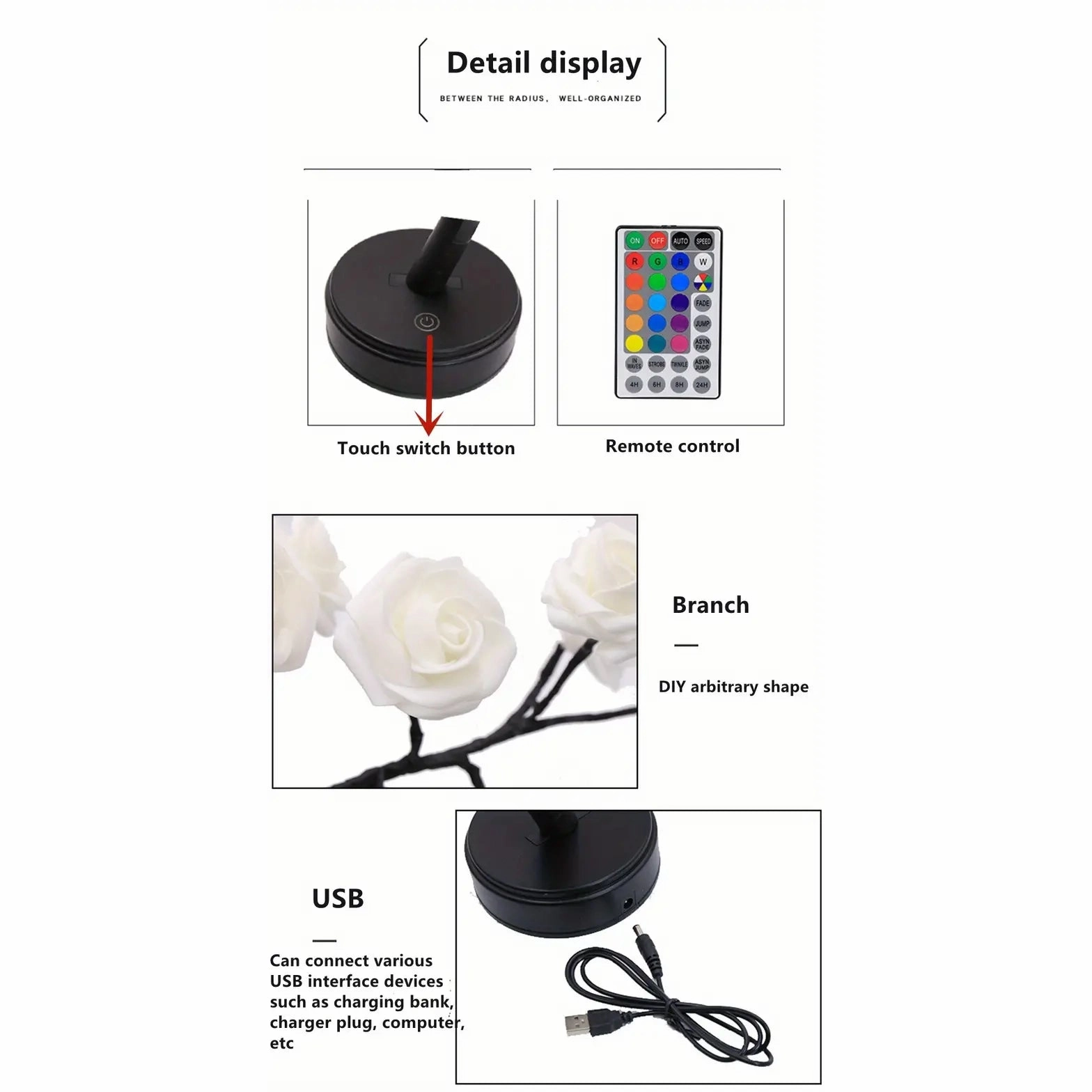 24 LED RGB 16 Colors Rose Tree Night Light Battery And USB Plug Operated Rose Flower Fairy Lights Remote Control