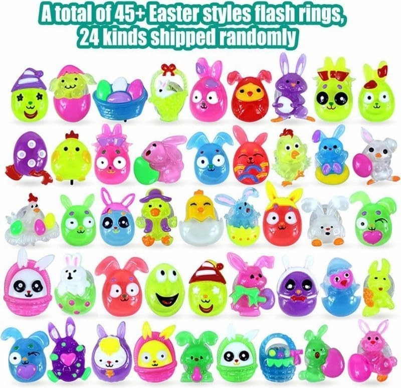 24 Pack Prefilled Easter Eggs with 3D Finger Lights Up Rings Toys Grow in the Dark Great for Kids Girls Boys Easter Basket Stuffers Eggs Fillers
